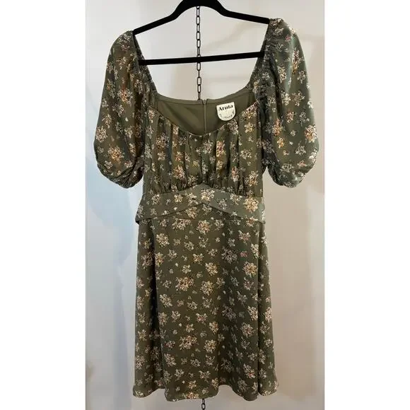 Arula Floral Cottagecore Dress Puff Sleeve Milkmaid Tie Front Green 1X estimated - Picture 2 of 11